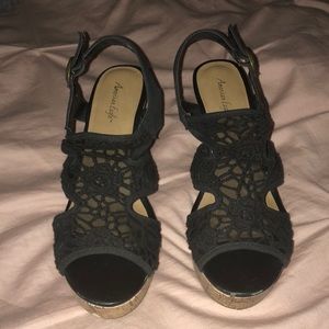 Black lace cork wedges